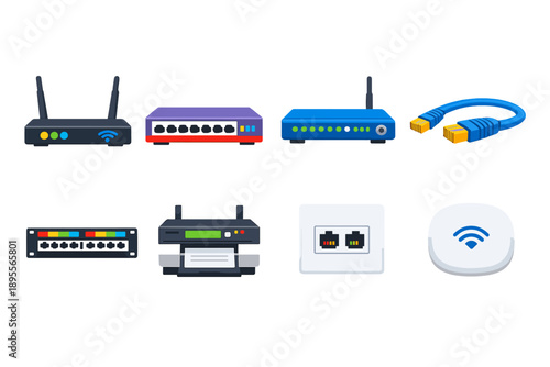 Office network hardware in flat style: router, switch, modem, ethernet cable, patch panel, network printer, wall socket, access point