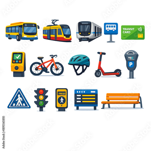 Local transport and mobility items in flat style: city bus, tram car, subway train, bus stop sign, transit card, ticket validator, bicycle, bike helmet, scooter