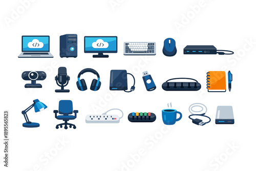 Cloud engineer development workstation in flat style: laptop, desktop computer, monitor, keyboard, mouse, docking station, webcam, microphone, headphone