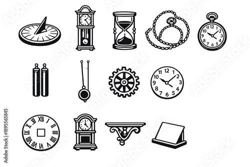 Traditional Time Measurement Items in outline vector style: sundial plate, pendulum clock, sand timer, pocket watch chain, clock weight, clock pendulum, gear