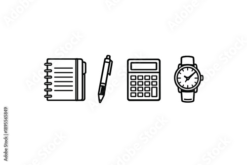SEO research desk essentials in outline vector style: notebook, pen, calculator, wristwatch