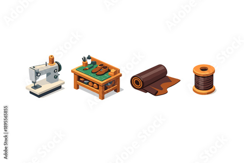 Leather shoe repair equipment in isometric flat style: sewing machine, workbench, leather roll, thread spool
