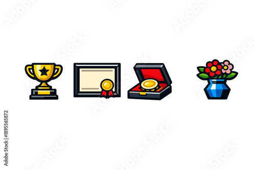 Sweet gestures appreciation tokens in bold vector style: trophy plaque, framed certificate, presentation box, flower vase