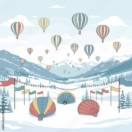A serene winter landscape with snow-capped mountains, pine trees, and numerous colorful hot air balloons in the sky and on the ground, adorned with festive flags.