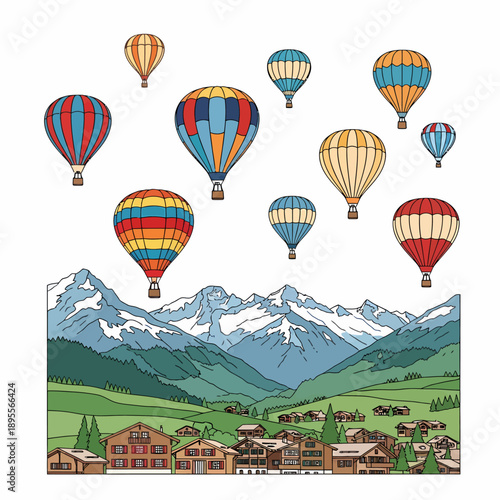 Colorful hot air balloons flying over a scenic mountain village and green valleys.