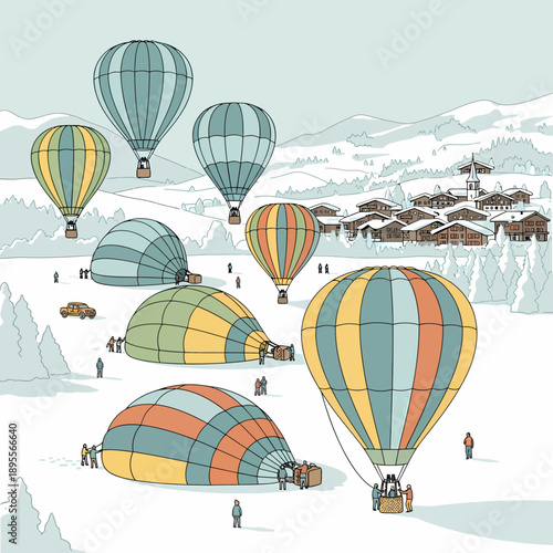 A detailed illustration of hot air balloons being prepared and flying over a snowy mountain village.