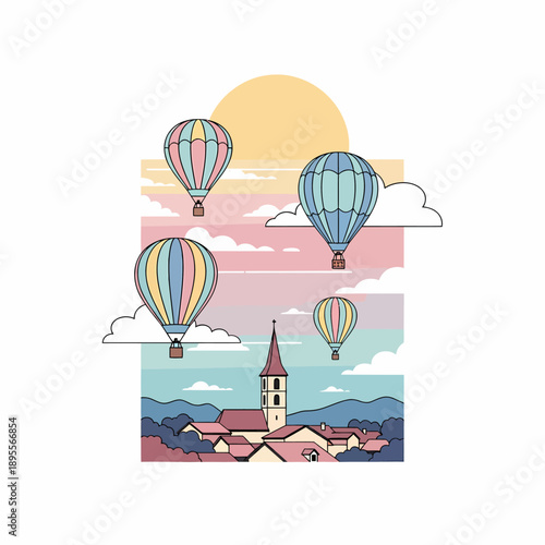 A colorful illustration of hot air balloons soaring over a charming European village with a prominent church tower and pastel sky.