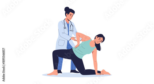 Female doctor assists patient with back pain exercises