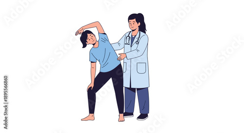 Female doctor assists patient with stretching exercise