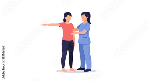 Female physiotherapist assists patient with arm extension exercise