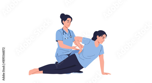 Physiotherapist assists patient with physiotherapy  back exercise
