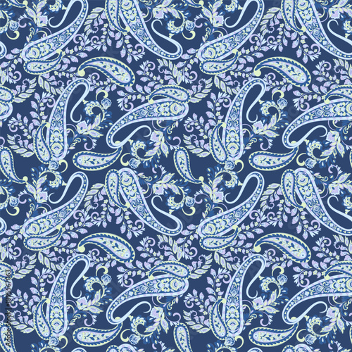 Floral seamless pattern with paisley ornament. Vector illustration in asian textile style