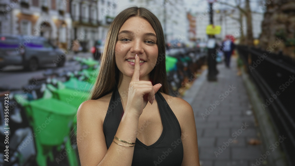Fototapeta premium Teenage girl finger to lips for silence beside green rental bikes parked on bustling city street; hush calm.