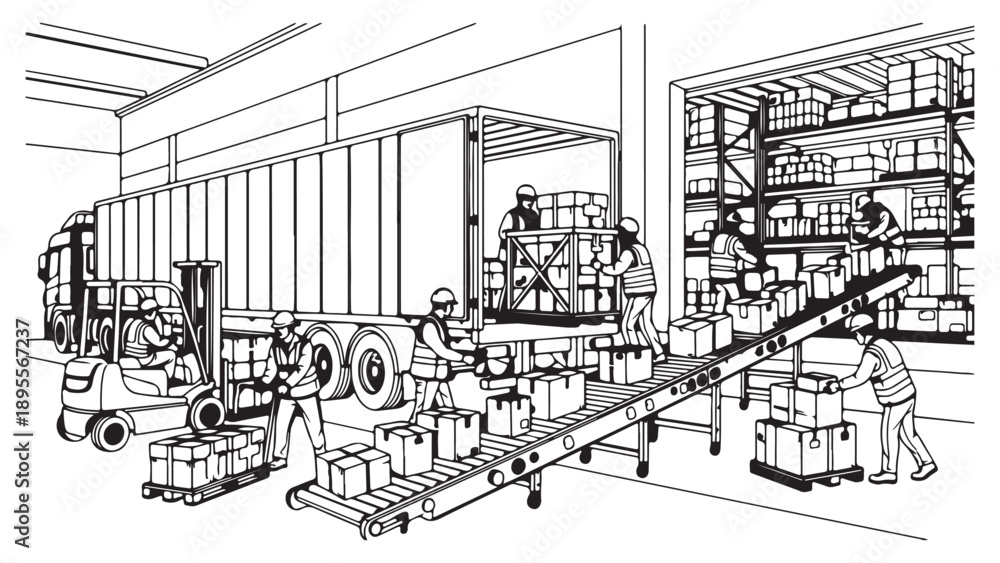 Fototapeta premium Warehouse Operations with Workers, Forklift, and Conveyor Belt