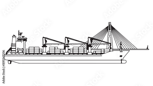 Line Art Illustration of Cargo Ship Passing Under Cable-Stayed Bridge