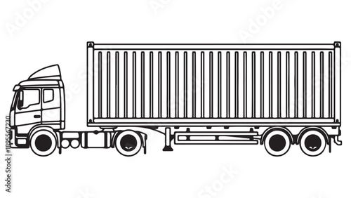 Black and White Line Art Vector of Semi-Truck with Shipping Container