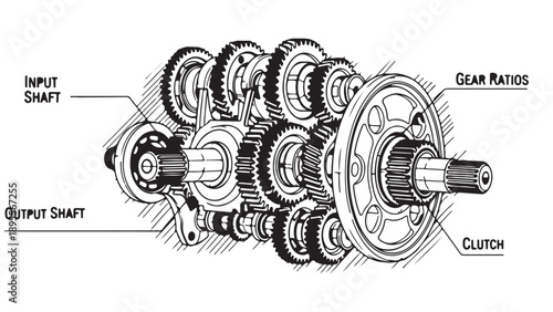 Black and White Technical Drawing of a Complex Mechanical Gearbox System