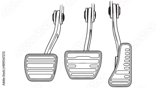Automotive pedal detailed line art, different views, technical drawing.