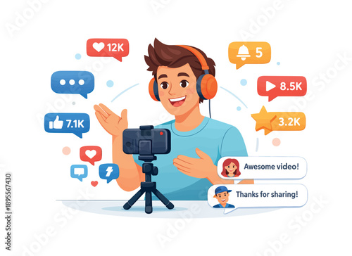 Young man recording video with smartphone and engaging social media elements