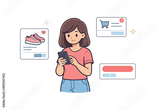 Smiling woman shopping online with phone and sneakers in cart