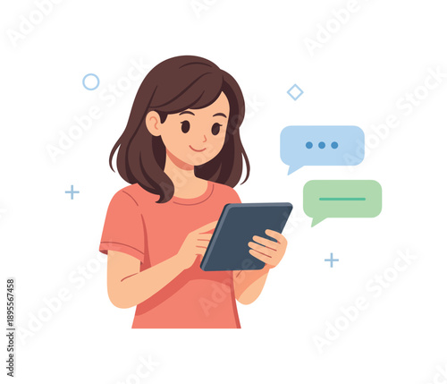Smiling woman using tablet with chat bubbles in minimal style