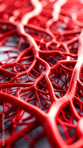Close-up 3D render of intricate branching blood vessels and capillaries in red
