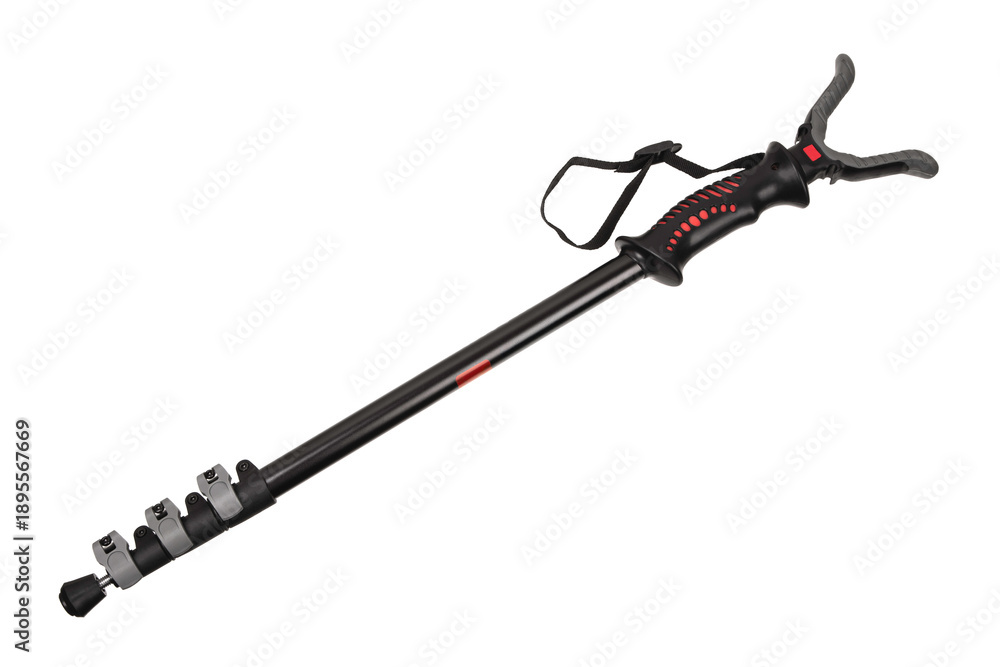 Obraz premium Black telescopic tactical shooting monopod with V-yoke head isolated on white back