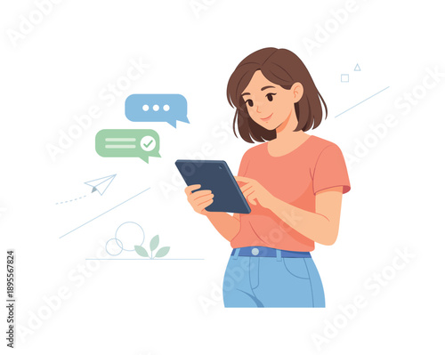 Woman using tablet with chat bubbles, modern flat design
