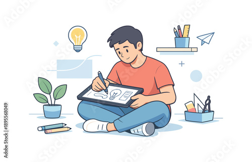 Young artist drawing on tablet, surrounded by creative tools and ideas