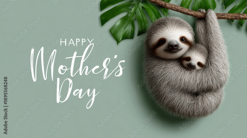 Fototapeta premium sloth mother and baby hanging from a heart-shaped branch