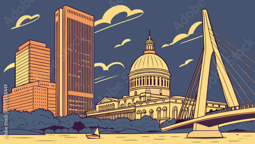 Boston and providence skylines contrast with coastal new england bridges, buildings, perfect for travel brochures, website banners, and city guides.