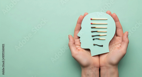 Person holding mint green paper head with burnt matches on a mint background
