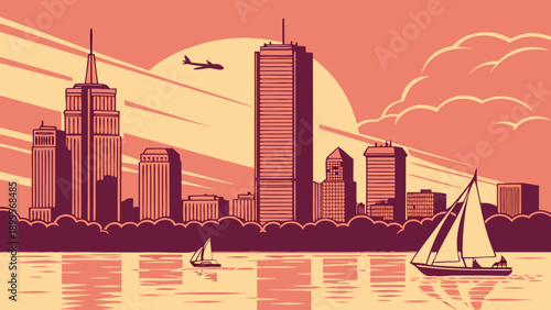 Boston cityscape with sailboats, plane, and skyline against a beautiful sky. Ideal for travel, tourism, or urbanthemed designs and content.