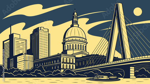 Boston skyline showcases harrisburg, pa capitol bridge and skyscrapers, ideal for travel blogs, city magazines, websites, and social media.