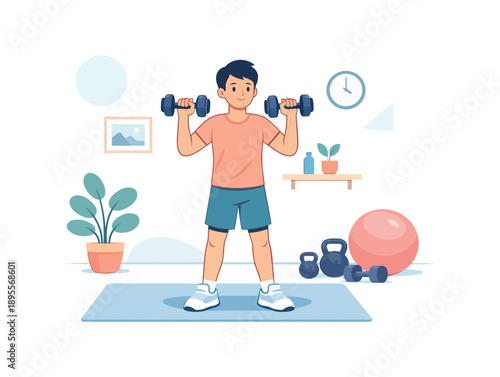 Man lifting dumbbells in home gym with exercise equipment background
