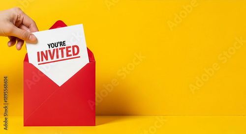 Hand holding red envelope with you're invited card on yellow background