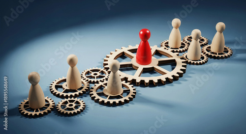 Unique business concept with red pawn leading wooden figures on interlocking gears