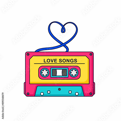 Retro Cassette Tape with Love Songs and Heart-Shaped Wire.