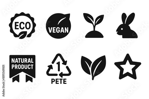 Eco friendly icons with vegan and recyclable symbols in black silhouette style