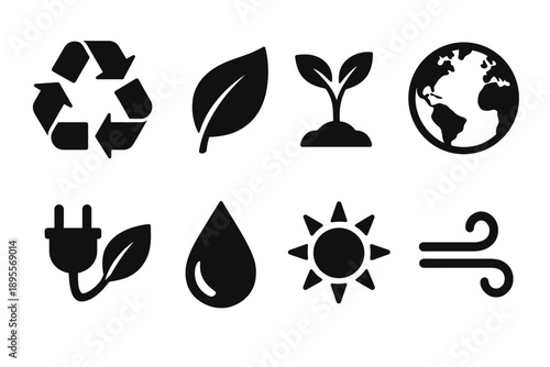 Sustainable icons: environment symbols in bold black silhouette style