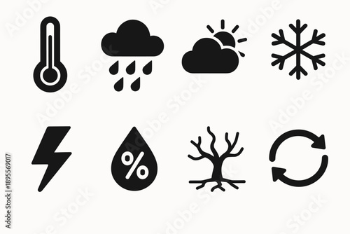 Weather icon set: temperature, precipitation, cloud, snowflake, lightning, humidity, tree, cycle