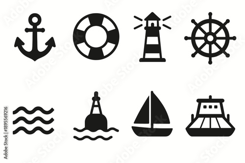 Nautical icons set: anchor, lighthouse, sailboat, and more in bold black silhouette style