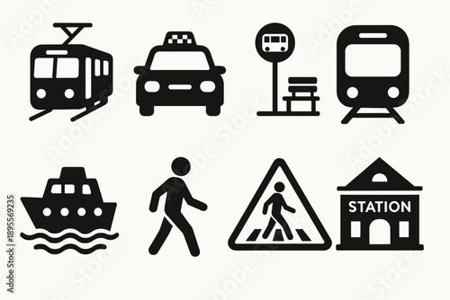 Public transport and travel icons collection: train, taxi, bus stop, ferry, pedestrian, station, warning sign