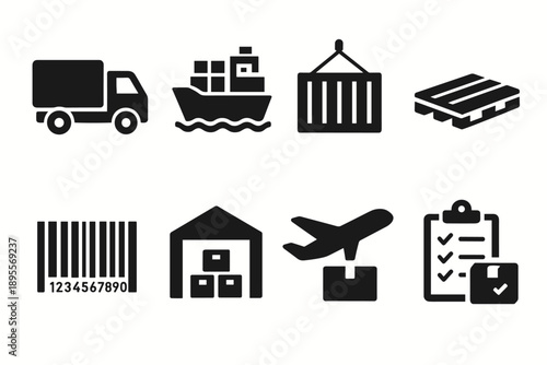 Logistics and shipping icons: transportation, warehouse, and cargo management symbols