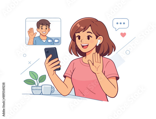 Woman video chatting on smartphone with friend, vector art