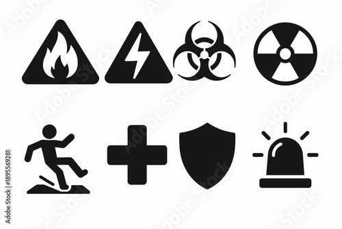 Safety and hazard symbols: warning icons for caution and protection