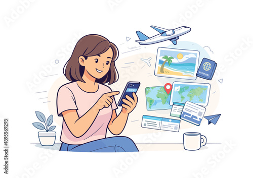 Woman planning travel on smartphone with passport and flight tickets