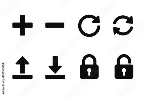 Simple icon set: plus, minus, rotate, sync, arrow, lock symbols