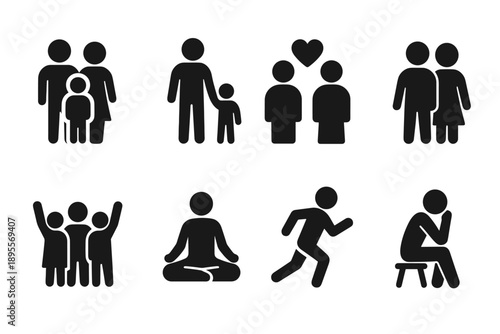 Diverse silhouette icons depicting family, relationships, meditation, fitness, and contemplation in simple black design