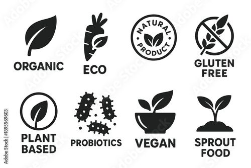 Organic and eco-friendly icons for vegan and gluten-free products